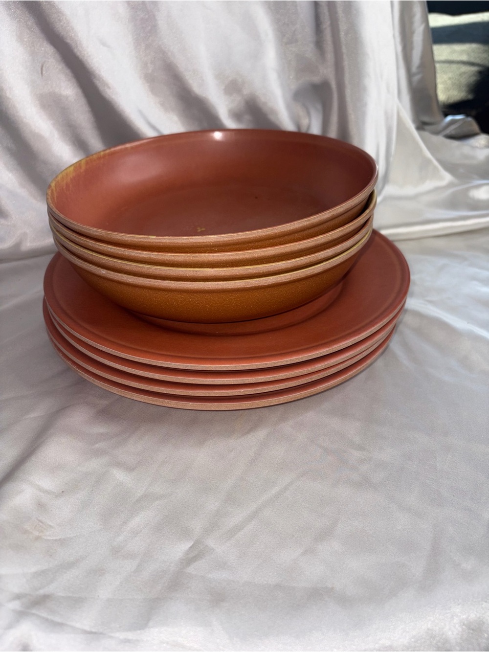 SET OF 4 BAMBOO DINNER PLATES & 4 BOWLS TERRA-COTTA STYLE $125 RETAIL